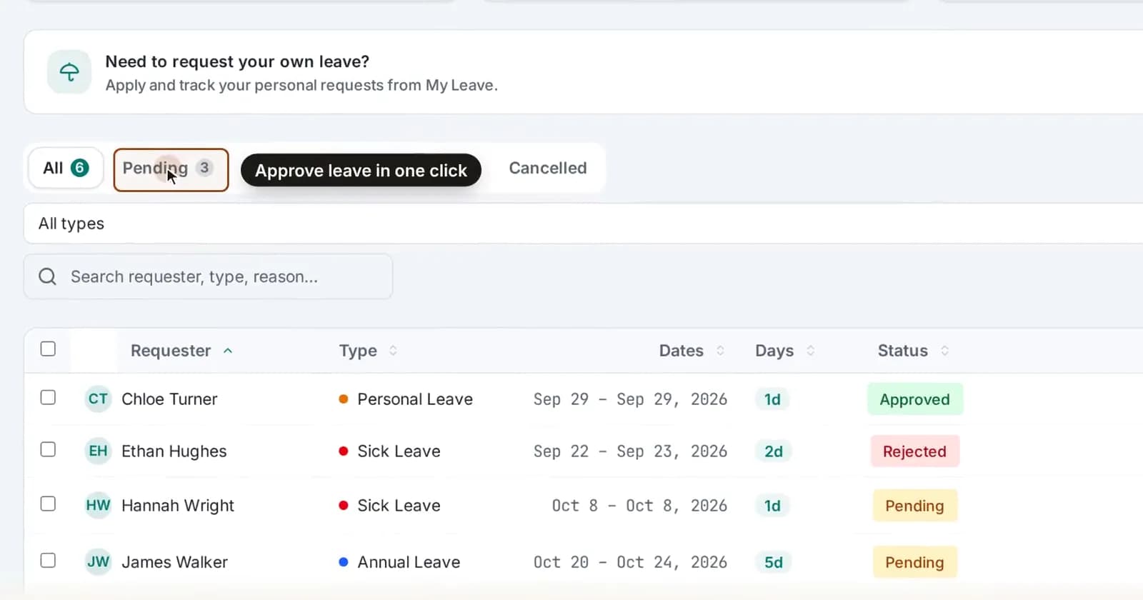 NanoHRMS leave requests list with pending, approved and rejected requests and an approve action